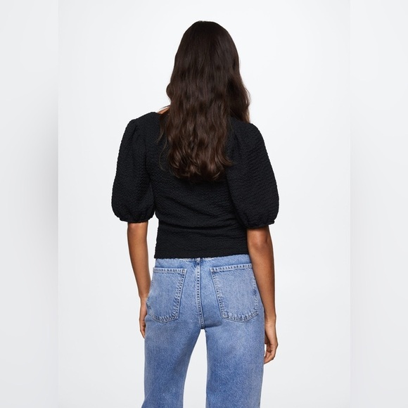 NWT MNG Mango Black Textured Puff Sleeve Top sz Xs - Picture 8 of 13